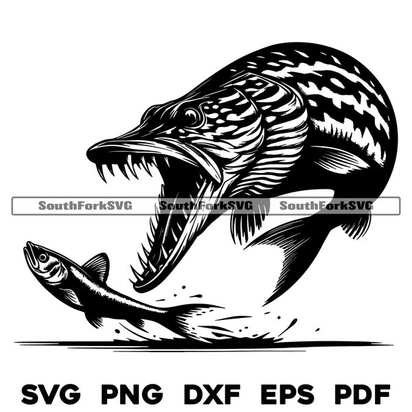 Northern Pike Chasing Minnow svg png dxf eps pdf | transparent vector graphic design cut print dye sub laser engrave files commercial use