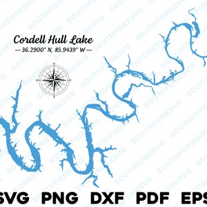 Cordell Hull Lake Tennessee Mapa Forma Silueta svg png dxf pdf eps vector diseño gráfico corte grabado archivo láser imagen barco lago casa