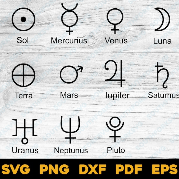 Astrological Glyphs svg png dxf eps pdf bundle vector  cameo silhouette planet solar system astronomy venus neptune mars sun sign commercial