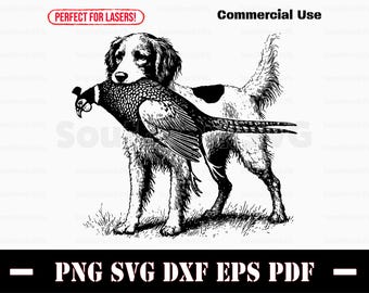 Brittany Spaniel Bird Dog z bażantem svg png dxf eps pdf | grafika wektorowa plik do cięcia laserowego grawerowanie clipart natychmiastowe pobieranie komercyjne wykorzystanie