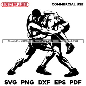 May include: Black and white silhouette of two wrestlers in a grappling position. One wrestler is on top of the other, with their arms locked around each other's necks.