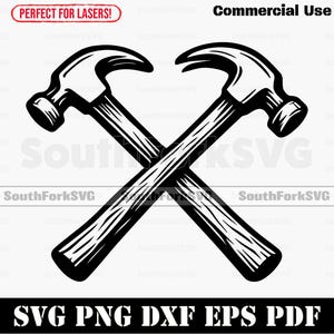 Puede incluir: Ilustración en blanco y negro de dos martillos cruzados con mangos de madera. La imagen incluye el texto "SVG PNG DXF EPS PDF" y "Commercial Use".