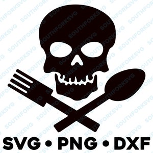 Skull with Kitchen Utensils Fork Spoon SVG PNG DXF Layered by Color cut file vector graphic design clip art skeleton crossbones punk goth