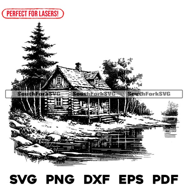 Old Lake Cabin Laser File svg png dxf eps pdf | vector graphic design cut print dye sub laser engrave cnc digital files commercial use