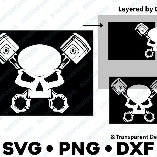 Skull & Pistons SVG PNG DXF Layered by Color cut file vector graphic design clip art skeleton pirate flag graveyard punk goth grim reaper