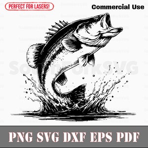 Plik do grawerowania laserowego Largemouth Bass Jumping | svg png dxf eps pdf | przezroczysty projekt grafiki wektorowej cięcie drukowanie barwnik sub do użytku komercyjnego