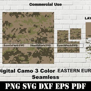 May include: Digital camouflage pattern in three colours: green, brown, and tan. The pattern is seamless and can be used for a variety of projects. The image includes the text "Digital Camo 3 Color EASTERN EURO Seamless" and "PNG SVG DXF EPS PDF".