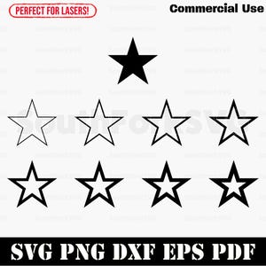 Op de afbeelding: Een verzameling sterren in zwart en wit. De afbeelding bevat een effen zwarte ster, omrande sterren en sterren met zwarte contouren. De tekst bovenaan luidt "Commercial Use". De onderste tekst geeft bestandsformaten aan: SVG PNG DXF EPS PDF.