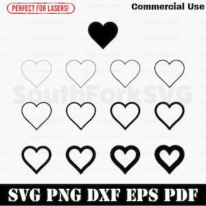 May include: A selection of heart designs in different styles, including solid black, outlined, and filled outlines. The image includes the text "SVG PNG DXF EPS PDF" and "Commercial Use". A red banner reads "PERFECT FOR LASERS!"
