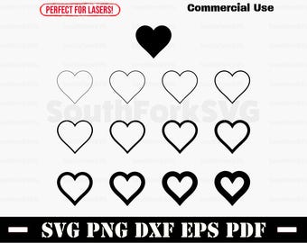 May include: A collection of heart-shaped designs in various styles, including solid black, outlined, and filled outlines. The image includes the text "SVG PNG DXF EPS PDF" and "Commercial Use". A red banner reads "PERFECT FOR LASERS!"