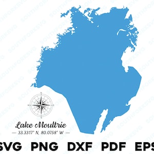 Lago Moultrie Carolina del Sur Mapa Forma Silueta svg png dxf pdf eps vector diseño gráfico corte grabado archivo láser imagen lago con botes