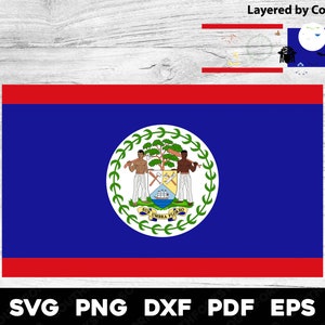 Puede incluir: La bandera de Belice, un campo azul con una franja roja en la parte superior e inferior, y un escudo de armas en el centro. El escudo de armas presenta un árbol de caoba, dos leñadores y un barco.