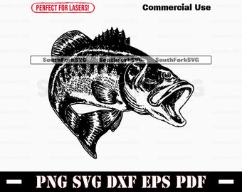 Largemouth Bass Jumping Fish SVG PNG DXF vector transparent  cameo silhouette cut file trout fishing outdoors animal