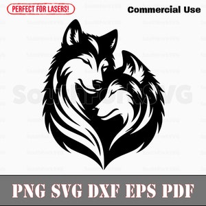 Op de afbeelding: Een zwart-wit afbeelding van twee wolven, de ene omarmt de andere. De afbeelding bevat de tekst "Commercial Use" en "PNG SVG DXF EPS PDF". De tekst "PERFECT FOR LASERS!" is ook aanwezig.