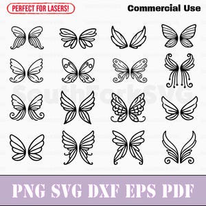May include: A set of 12 black and white butterfly wing designs. The wings are in various styles, including simple, ornate, and whimsical.