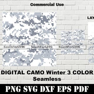 May include: Digital camo pattern in white, gray, and light gray. The pattern is seamless and can be used for a variety of projects. The image includes the text "SouthForkSVG" and "LAYERED".