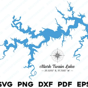 May include: A blue outline of Mark Twain Lake in Missouri, with a compass rose and the coordinates 39.5093° N, 91.7685° W. The text "Mark Twain Lake" is written in a cursive font below the lake outline.