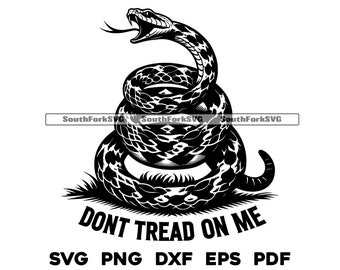 May include: A black and white illustration of a coiled rattlesnake with the words "Don't Tread On Me" below. The snake is coiled in a defensive posture, with its head raised and its fangs bared. The image is a classic symbol of American independence and defiance.