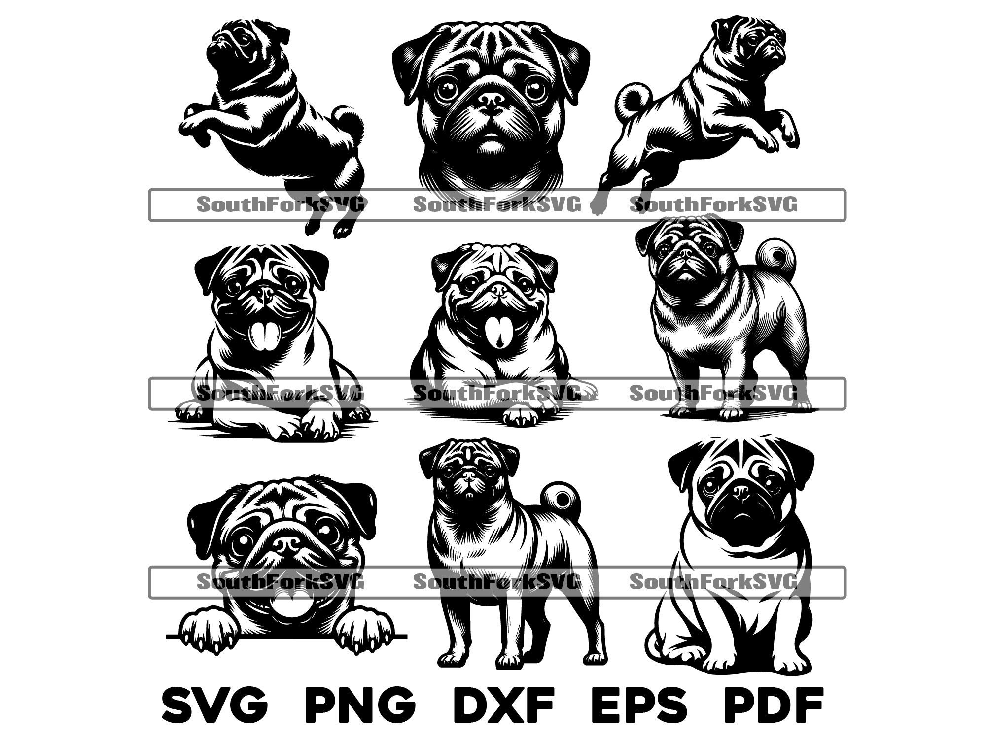 Pug Design Bundle in Svg Png Dxf Eps Pdf | Vector Graphic Cut File ...