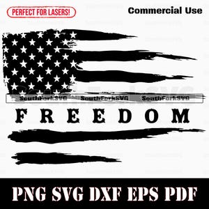 May include: Black and white graphic design featuring a distressed American flag with stars and stripes. The word "FREEDOM" is displayed below the flag. The design is suitable for commercial use and available in PNG, SVG, DXF, EPS, and PDF formats.