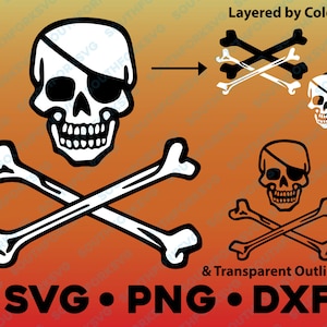 Könnte beinhalten: Schwarz-weiß-Illustration eines Totenkopfs mit gekreuzten Knochen. Der Schädel hat eine Augenklappe und ein zahniges Grinsen. Der Text "SVG PNG • DXF" befindet sich unter dem Bild.