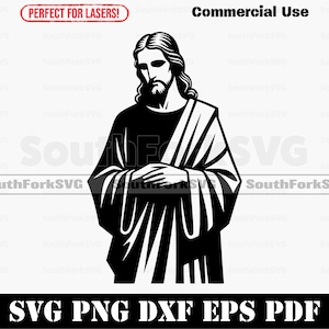 May include: A monochrome illustration of a robed figure with long hair and a beard. The image includes the text "Commercial Use" and "Perfect for Lasers!" at the top, and "SVG PNG DXF EPS PDF" at the bottom.