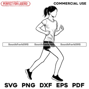 May include: Black and white line art illustration of a person running. The person is wearing a short-sleeved shirt and shorts.
