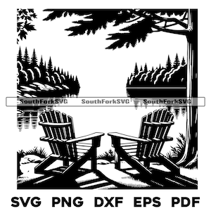 Lake Scene Adirondack Chairs Design svg png dxf eps pdf | vector graphic cut file laser clip art | instant digital download commercial use