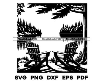 Lake Scene Adirondack Sillas Diseño svg png dxf eps pdf / vector gráfico corte archivo láser clip art / descarga digital instantánea uso comercial