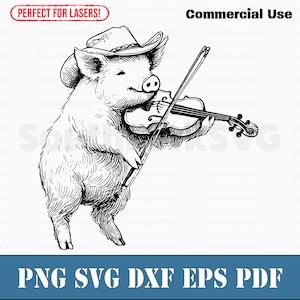 Varken speelt viool viool svg png dxf eps pdf | lasergraveren gesneden afdrukbestanden vector grafische illustraties | commercieel gebruik direct downloaden
