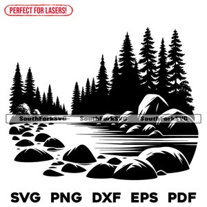 May include: Black and white silhouette of a lake with a rocky shoreline and a forest of pine trees in the background.