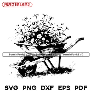 Brouette rustique qui pousse des fleurs fichiers laser svg png dxf eps pdf conception graphique vectorielle coupe impression fichiers numériques sub cnc utilisation commerciale