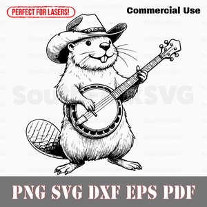 May include: Black and white illustration of a beaver wearing a cowboy hat and playing a banjo. The image includes the text "Commercial Use" and "PNG SVG DXF EPS PDF".