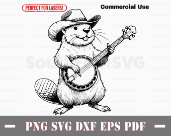 May include: Black and white illustration of a beaver wearing a cowboy hat and playing a banjo. The image includes the text "Commercial Use" and "PNG SVG DXF EPS PDF".