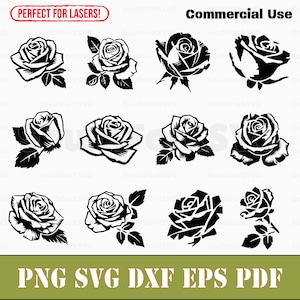 May include: Set of ten black and white rose silhouette illustrations. The roses are in various poses and have leaves. The text "PNG SVG DXF EPS PDF" is at the bottom of the image.