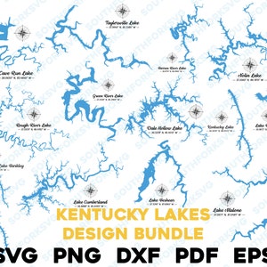 13 Lakes Big Kentucky Lake-bundel met kompas en gps-coördinaten | svg png dxf pdf eps | vectorgrafisch ontwerp gesneden gravure lasergesneden bestanden