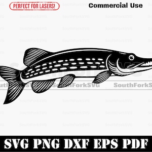 May include: A black and white illustration of a pike fish. The image includes the text "Commercial Use" and "Perfect for Lasers!". The bottom of the image includes the text "SVG PNG DXF EPS PDF".