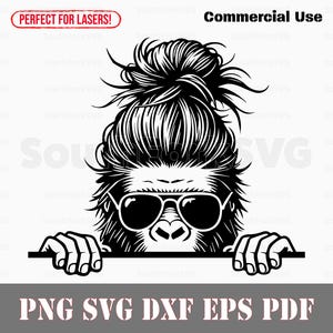 Peeking Bigfoot Messy Bun Lunettes de soleil svg png dxf pdf eps | Conception graphique vectorielle découpe impression teinture sous-gravure laser fichiers numériques utilisation commerciale