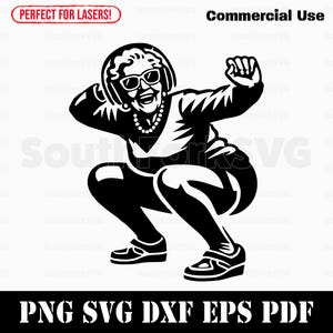 May include: Black and white illustration of a person wearing headphones and sunglasses, squatting with one arm raised.