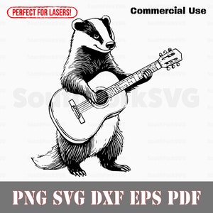 Badger Tocando Guitarra Acústica svg png dxf eps pdf / grabado láser cortado archivos de impresión vector gráfico clip art / descarga instantánea uso comercial