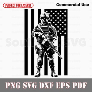 May include: Black and white silhouette of a soldier standing in front of an American flag. The soldier is holding a rifle and wearing a helmet. The text "PERFECT FOR LASERS!" and "Commercial Use" is visible in the image.