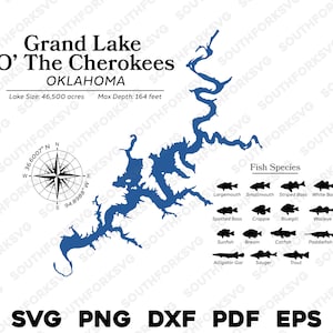 Dados do mapa Grand Lake O The Cherokees, espécies de peixes | Laser Ready CNC Print Dye Sub | svg png dxf eps pdf | Download instantâneo Uso comercial