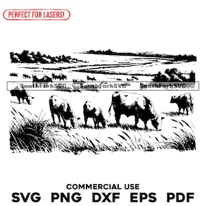 Könnte beinhalten: Schwarzweiß-Illustration eines Feldes mit grasenden Kühen. Die Kühe befinden sich auf einem Feld mit hohem Gras und einem Fluss im Hintergrund.