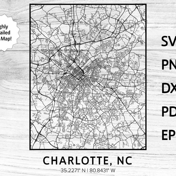 Charlotte NC City Street Road Map | svg png dxf pdf eps | vector graphic design cut engraving laser cnc file Instant Digital Download