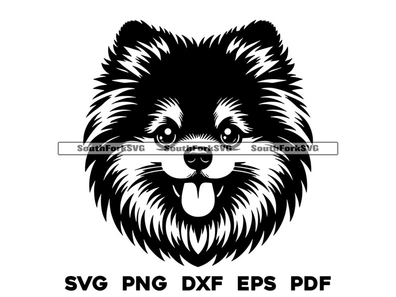 May include: Black and white silhouette of a Pomeranian dog with a fluffy coat and a tongue sticking out. The dog is looking directly at the viewer.