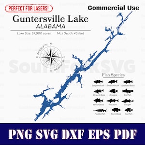 Kaartgegevens Guntersville Lake Alabama, vissoorten | Klaar voor lasersnijden CNC-kleurstofsubstraat | svg png dxf eps pdf | Directe download voor commercieel gebruik