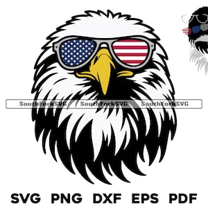 Puede incluir: Una ilustración en blanco y negro de un águila calva con gafas de sol con estrellas y rayas rojas, blancas y azules. El pico del águila es amarillo y sus ojos son negros.