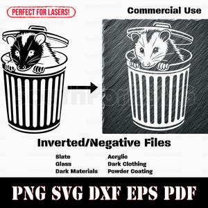 Bote de basura con forma de zarigüeya invertida, caricatura divertida, svg, png, dxf, eps, pdf, gráfico vectorial, corte, impresión, grabado láser, descarga instantánea, uso comercial