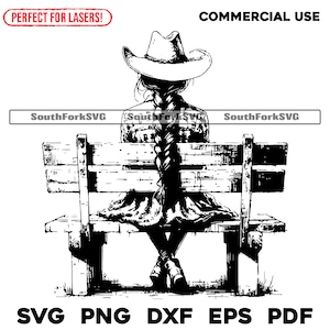 Cowgirl sur un banc contemplant des fichiers de gravure au laser svg png dxf eps pdf conception graphique vectorielle coupe impression sous fichiers numériques usage commercial