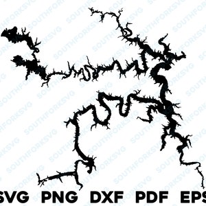 May include: Black and white silhouette of a lake with a very irregular shoreline. The lake is shaped like a large, winding river.